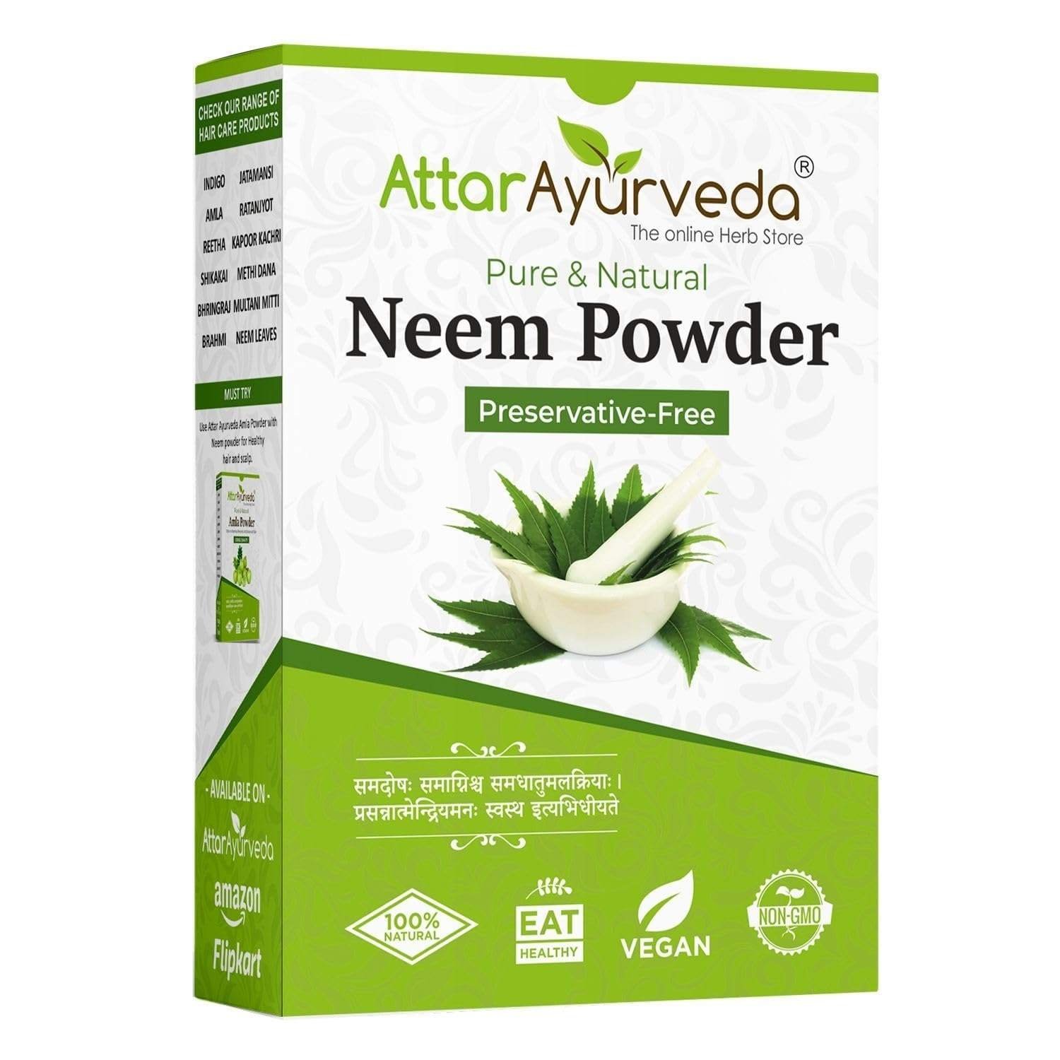 uk71pGv8lch2L-1-1.jpg Attar Ayurveda Neem powder for Face, Skin and Hair (200 grams) | 100% Natural, No Preservative | Ideal for Face Pack, Hair Pack and Eating - Image 1
