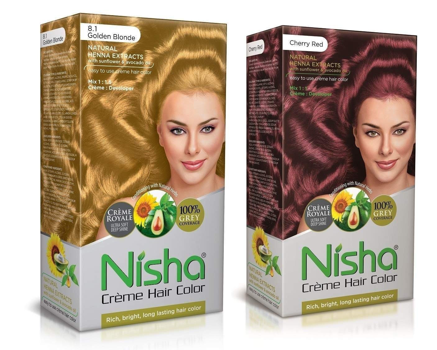 uk71pqYTpG8cL-1.jpg Nisha Cream Hair Color Rich Bright Long Lasting Hair Colouring For Ultra Soft Deep Shine 100% Grey Coverage Conditioning With Natural Herbs Golden Blonde and Cherry Red (Pack of 2) - Fast UK Delivery - Image 1