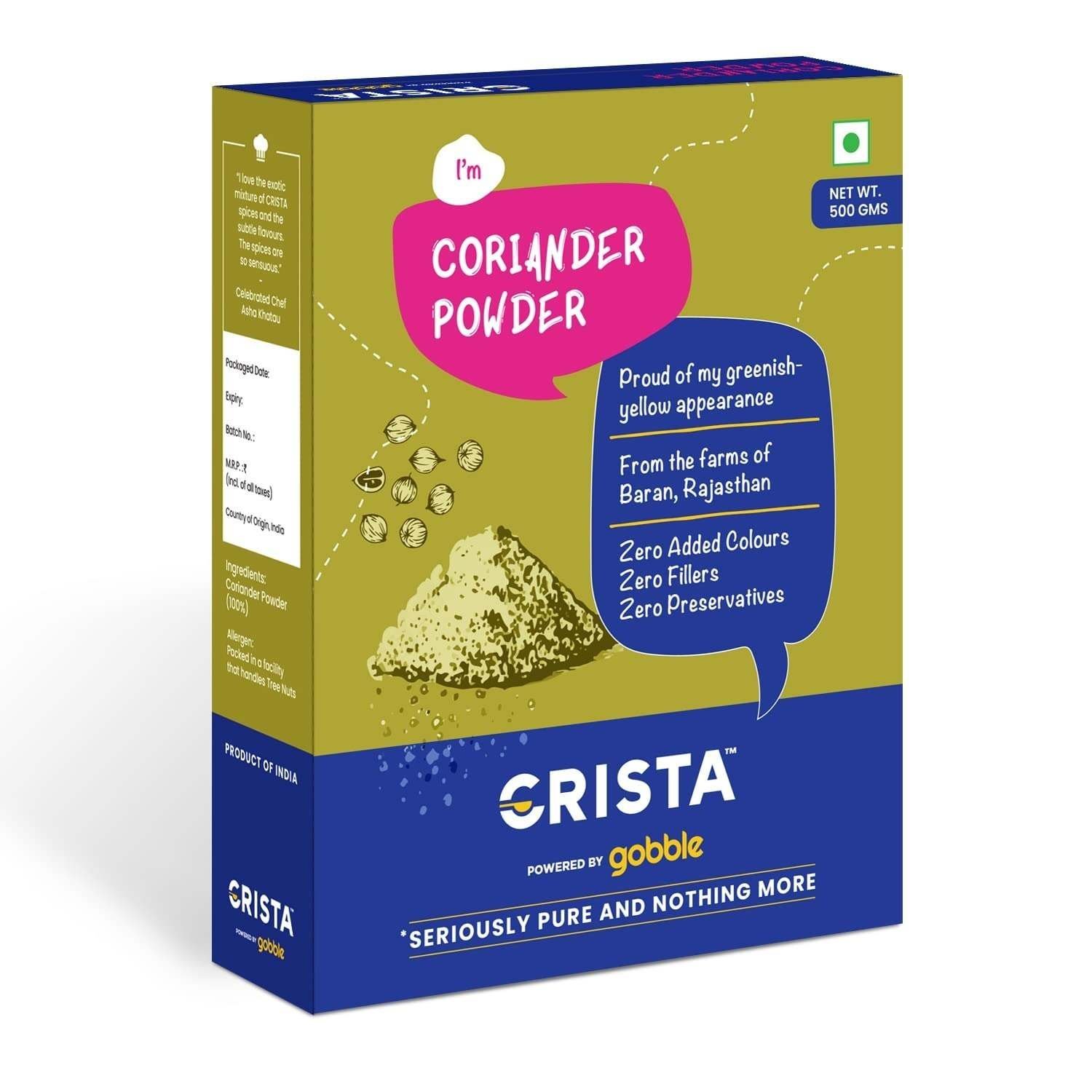 uk71qvmGqiurL-1-1.jpg CRISTA Coriander Powder | Ground Dhania | Powdered Dhaniya | Zero added Colours, Fillers, Additives & Preservatives | Natural & Aromatic | Farm Fresh | 500 gms - Image 1