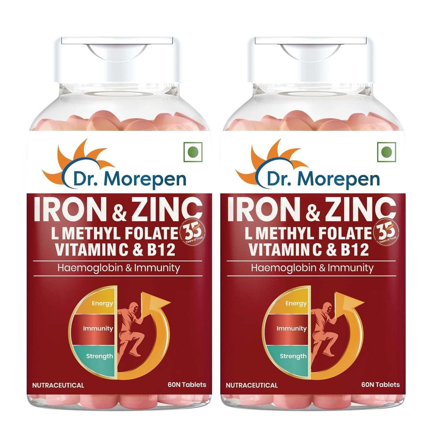 uk71rd1N5pkJL-1-1.jpg Dr. Morepen Iron & Zinc Tablets|Enriched with Iron,Zinc,Vitamin C & B12|Natural & Safe for Unisex|60 Veg Tablets (Pack of 2), 500 grams - Fast UK Delivery - Image 1