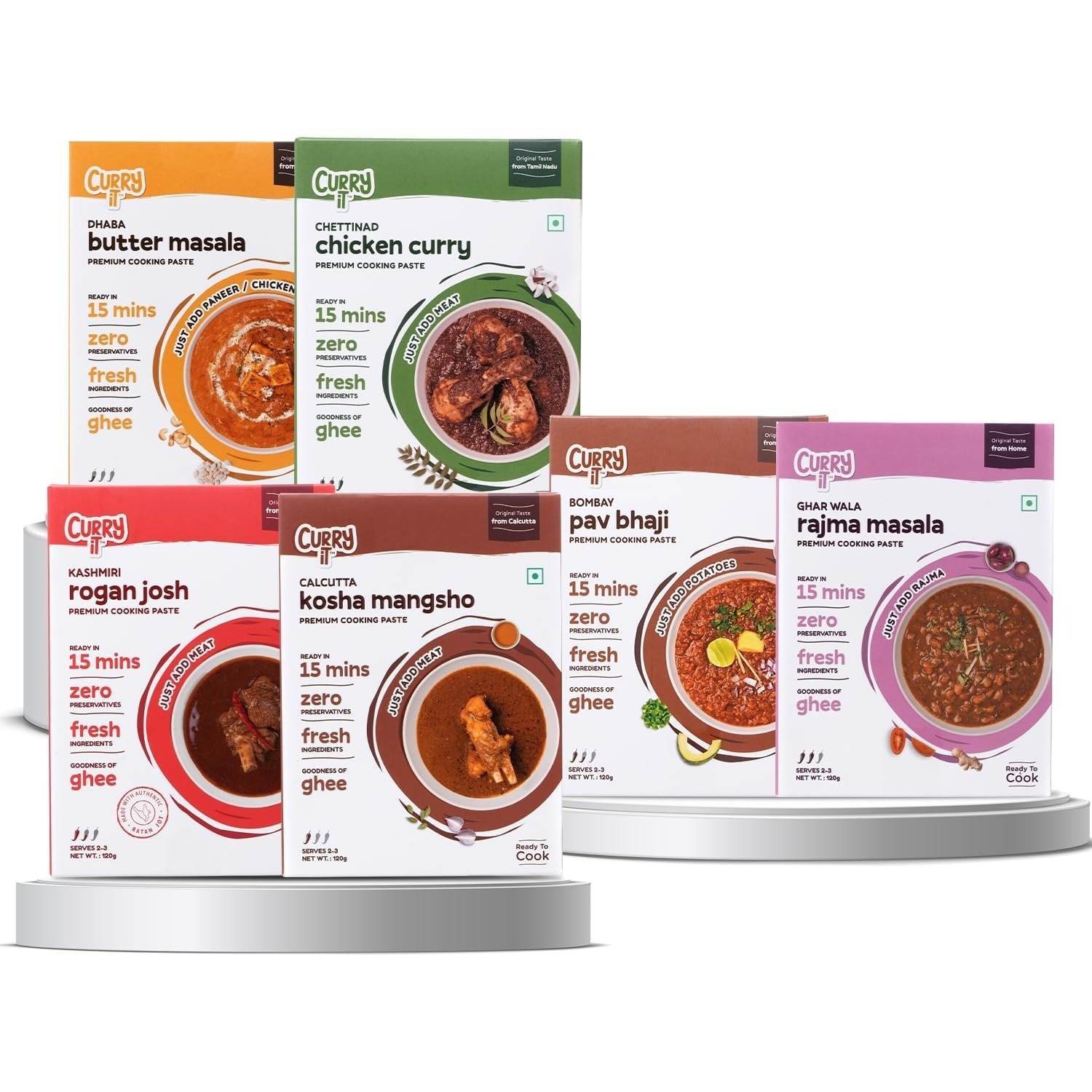 uk71tTFRIvL-1.jpg CURRYiT Ready to Cook Mini Pack Veg & Non-Veg Combo Pack of 6 | Pav Bhaji,Butter Masala,Rajma,Kosha Mangsho,Kashmiri Rogan Josh, Chettinad Gravy Paste | Made with Ghee (120g each, Serves 2 each) - Fast UK Delivery - Image 1