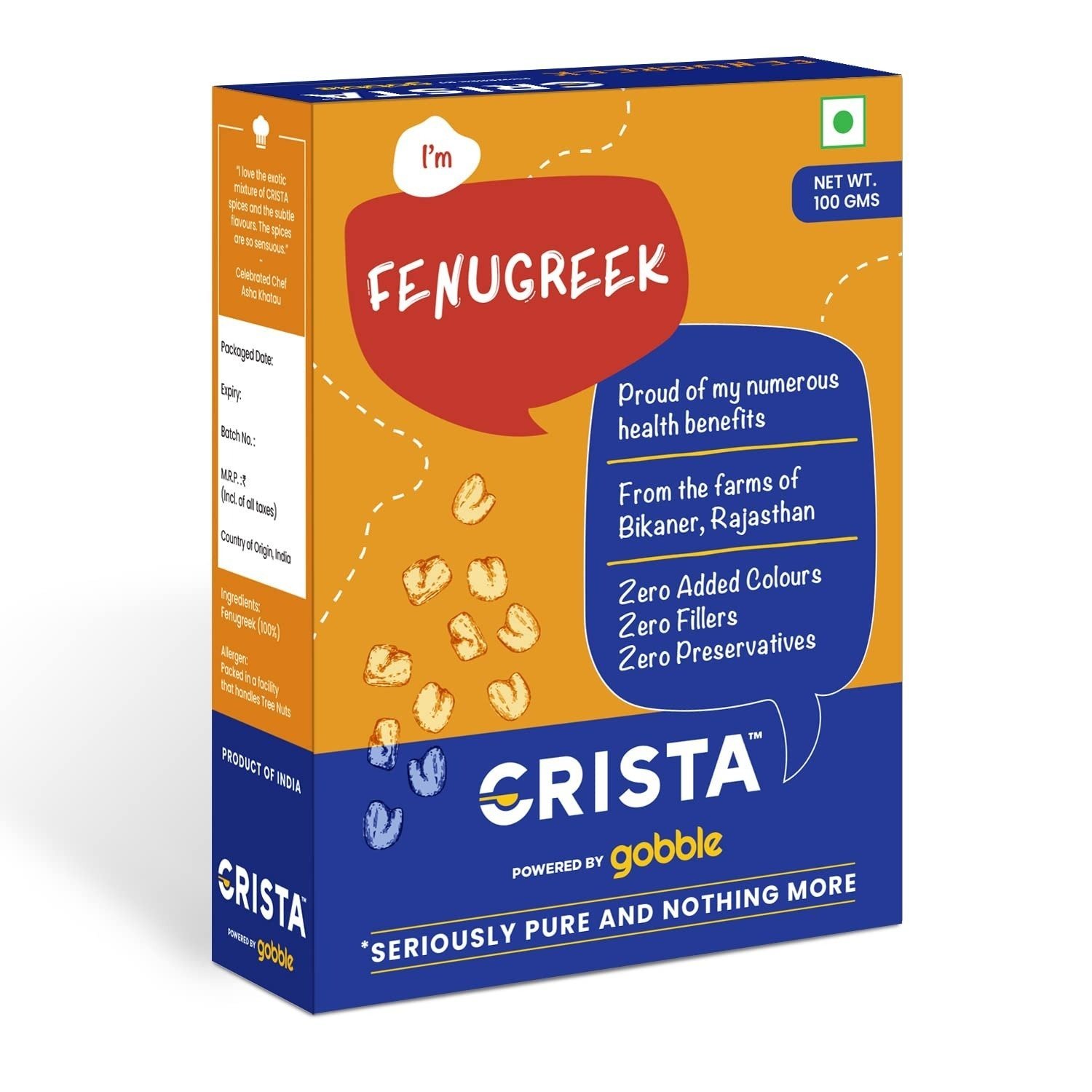 uk71ujN2wVqYL-1-1.jpg CRISTA Whole Fenugreek Seed | Methi Dana Seeds | Zero added Colours, Fillers, Additives & Preservatives | Farm Fresh | Premium Sortex Grade Quality | 100 gms - Image 1
