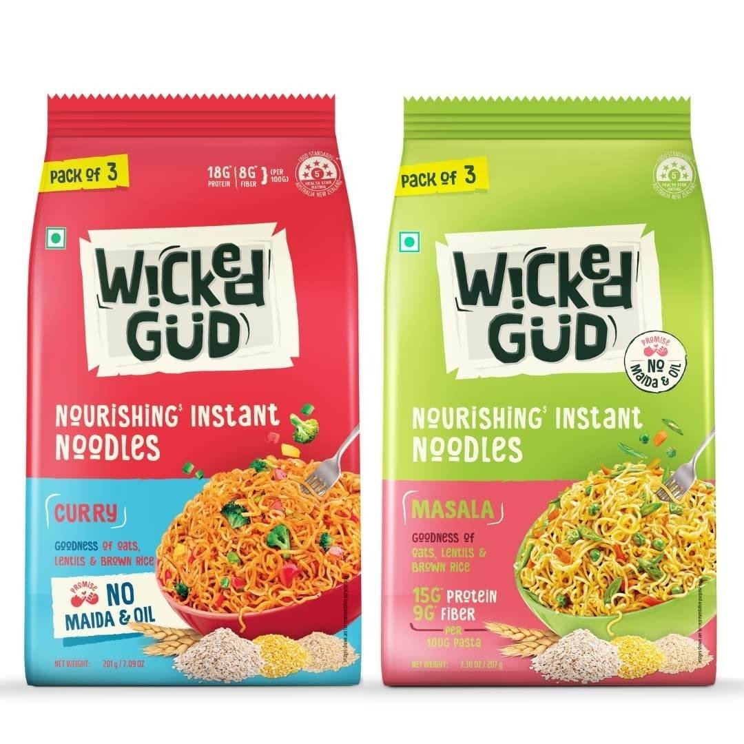 uk71vncsezjBL-1-1.jpg WickedGud Curry (201gm) & Masala (207gm) Nourishing Instant Noodles | No Maida | No Oil | No MSG | High Protein | High Fibre | Cholesterol Free - Fast UK Delivery - Image 1
