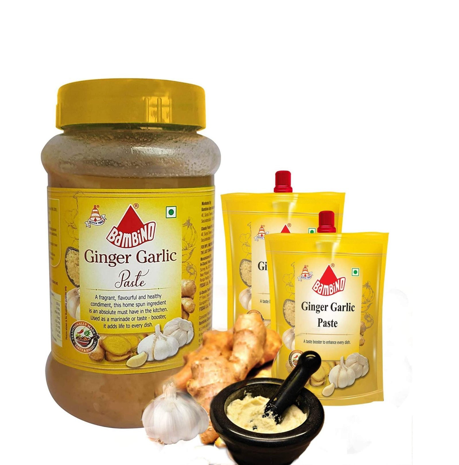 uk71zqEbXrTwL-1-1.jpg Bambino Ginger Garlic Paste 1400 Gms (1 Kg Jar + 200 Gms Standy Pouch Pack of 2 400 Gms) - Fast UK Delivery - Image 1