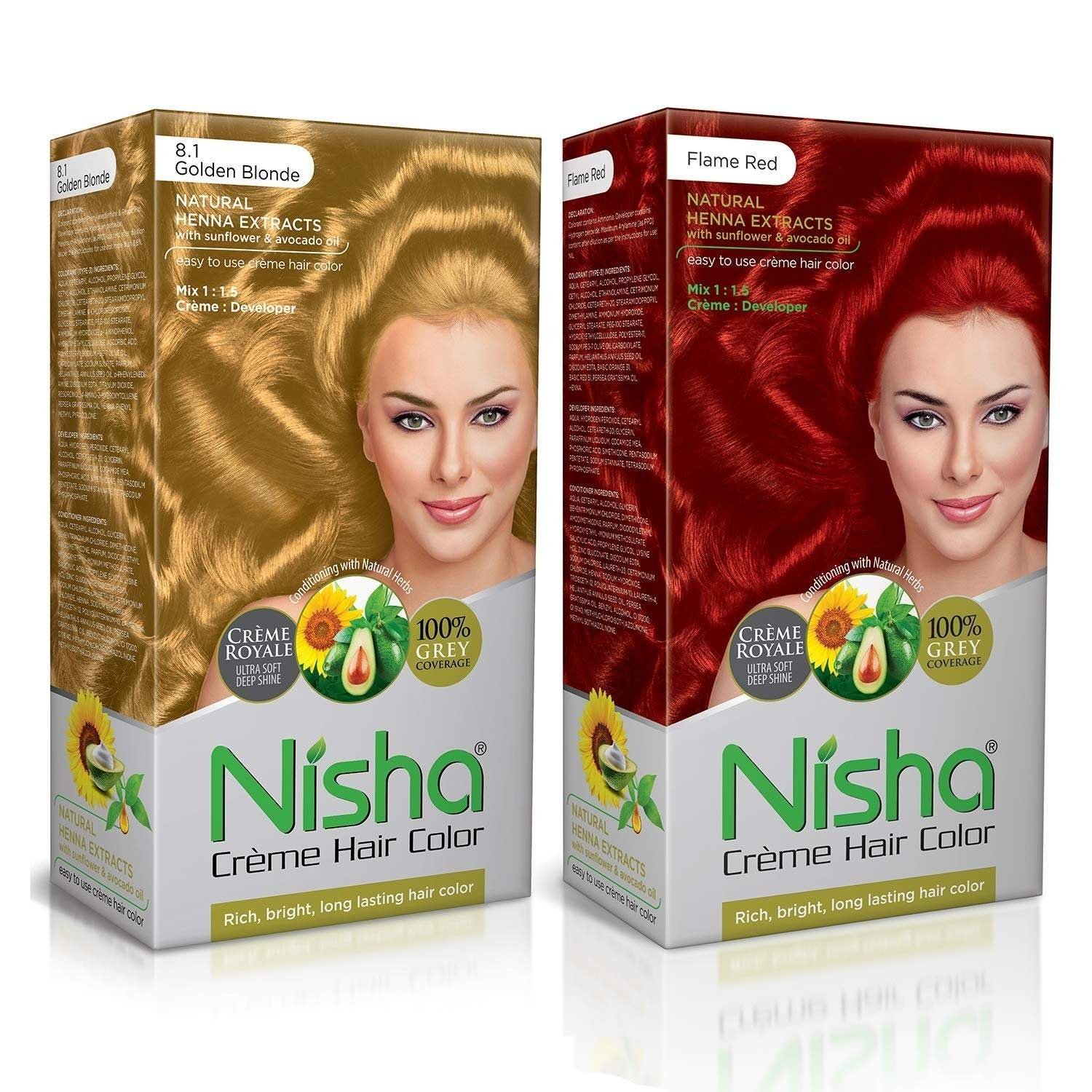 uk814TKGVKvwL-1.jpg Nisha Cream Hair Color Combo Pack Golden Blonde & Flame Red Rich, Bright, Long Lasting Shine Hair Colour (60gm + 90ml + 18ml Conditioner) Fast Shipping to USA & Canada - Image 1