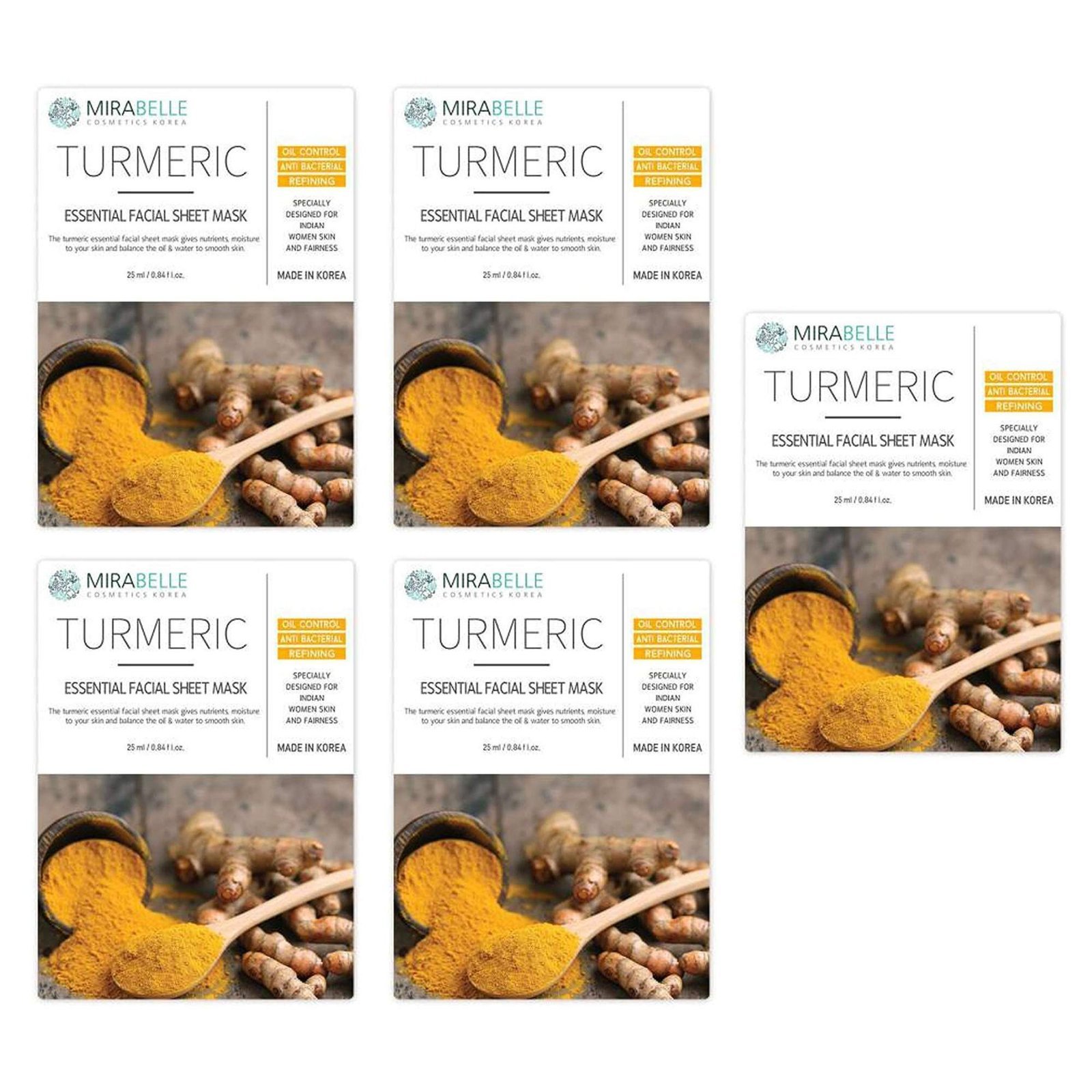 uk8182o50KfyL-1.jpg Mirabelle Turmeric Essential Facial Sheet Mask 25ml (Pack of 5) - Fast UK Delivery - Image 1