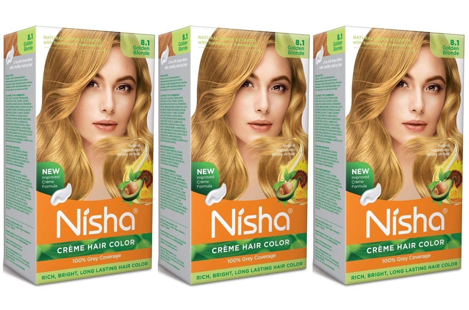 uk818Mb5qZlWL-1.jpg Nisha Cream Blonde Hair Color, 8.1 Golden Blonde, 90ml + 60gm, (Pack of 3) Fast Shipping to USA & Canada - Image 1