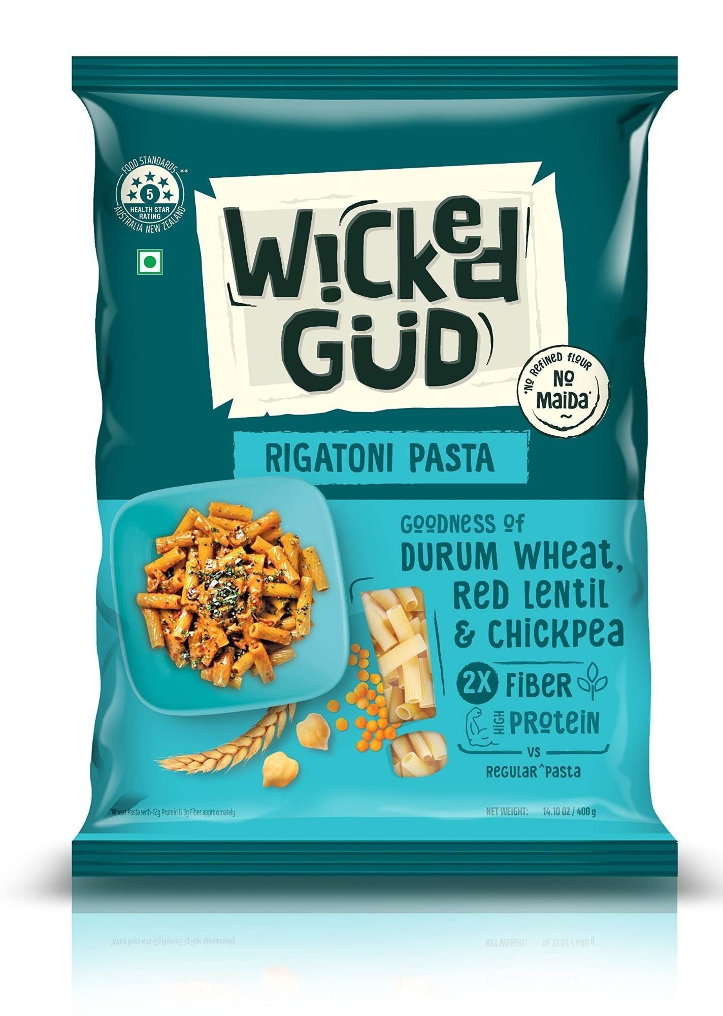 uk81I0qEuMORL-1-1.jpg WickedGud 2X Fiber Rigatoni Pasta | No Maida | Durum Wheat Semolina | Brown Rice | Red Lentils | Healthy Diet Pasta - 400gm - Fast UK Delivery - Image 1