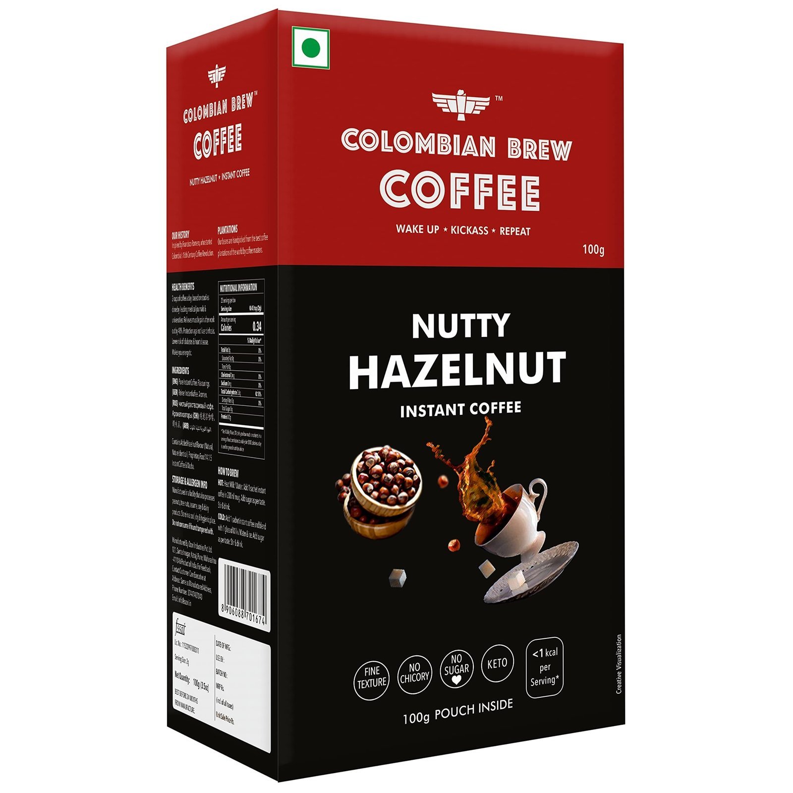 uk81JY8NNb9nL-1-1.jpg COLOMBIAN BREW COFFEE Hazelnut Instant Coffee Powder, No Sugar Vegan, 100gram, Box - Fast UK Delivery - Image 1