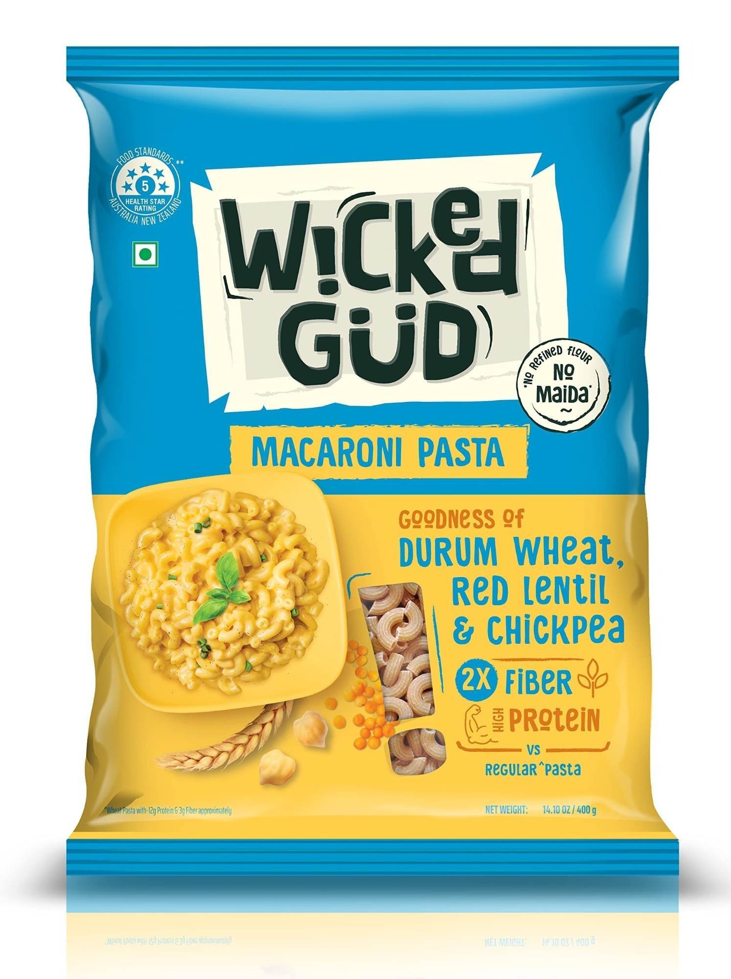 uk81MnR7-DkFL-1-1.jpg WickedGud 2X Fiber Macaroni Pasta | No Maida | Durum Wheat Semolina | Brown Rice | Red Lentils | Healthy Diet Pasta - 400gm - Fast UK Delivery - Image 1
