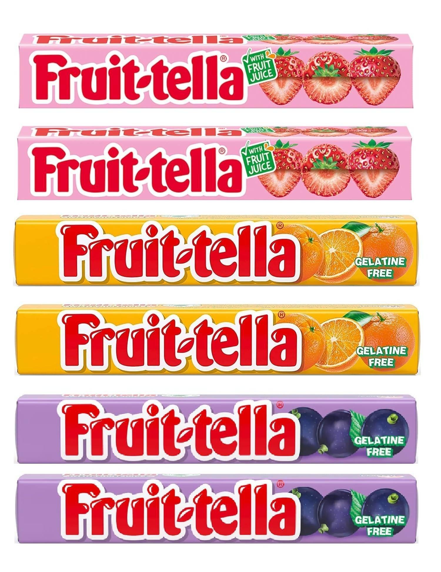 uk81NfKBfshKL-1-1.jpg Fruit-Tella Strawberry (Pack Of 2), Blackcurrent (Pack Of 2), Orange (Pack Of 2) Flavour Chewy Toffee Stick (6 x 32.4g) - Fast UK Delivery - Image 1