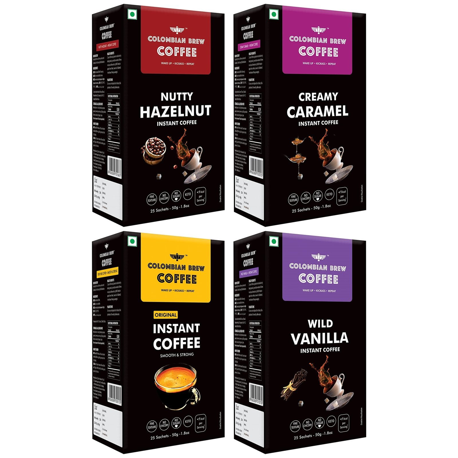 uk81ONymRnPBL-1-1.jpg COLOMBIAN BREW COFFEE Hazelnut, Caramel, Vanilla and Pure Instant Coffee Powder, No Sugar Vegan, 4 X 50g - Fast UK Delivery - Image 1