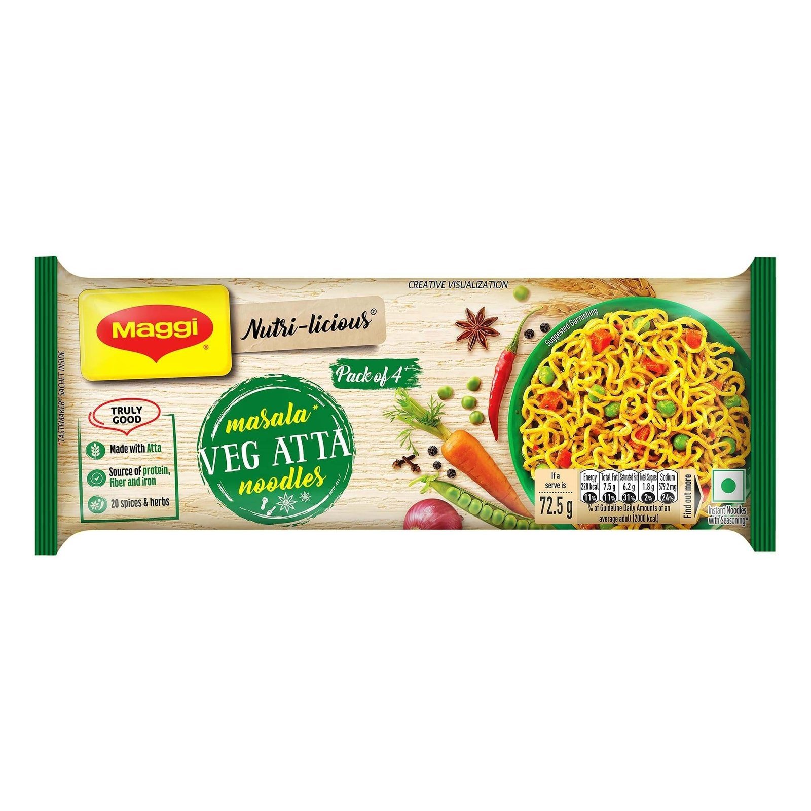 uk81ObcQDeeuL-1-1.jpg MAGGI Nutri-licious Veg Atta Masala Noodles, Instant Noodles with 20 Spices & Herbs, Source of Fibre & Iron, Atta Noodles with Appetizing Aroma & Delicious Taste, 290 gram Packet - Fast UK Delivery - Image 1