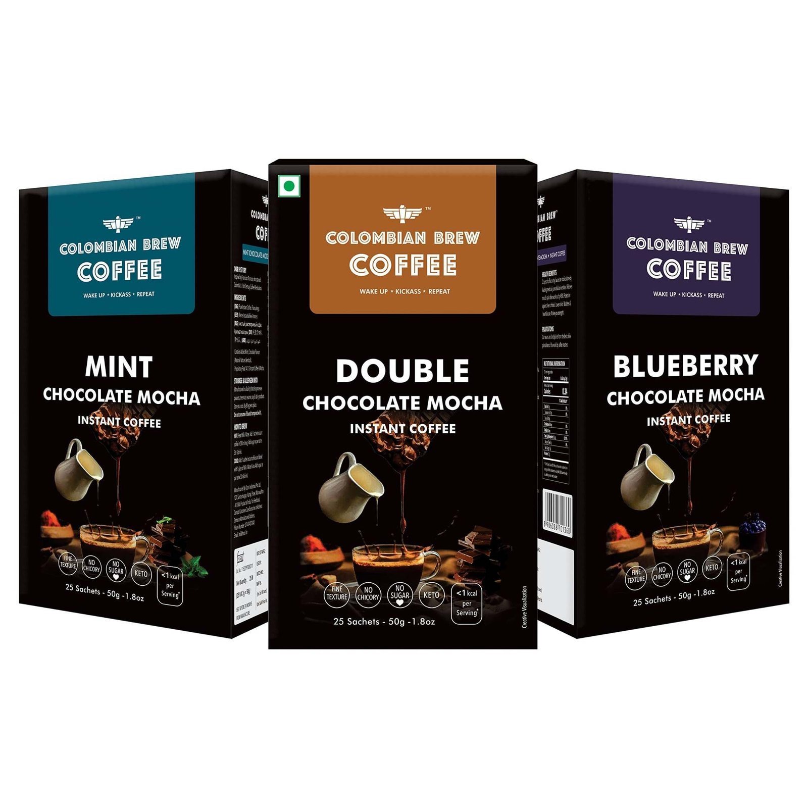 uk81QsxEzT2QL-1-1.jpg COLOMBIAN BREW COFFEE Double Chocolate Mocha, Mint Chocolate Mocha, Blueberry Chocolate Mocha Instant Coffee Powder, 3 X 50g - Fast UK Delivery - Image 1