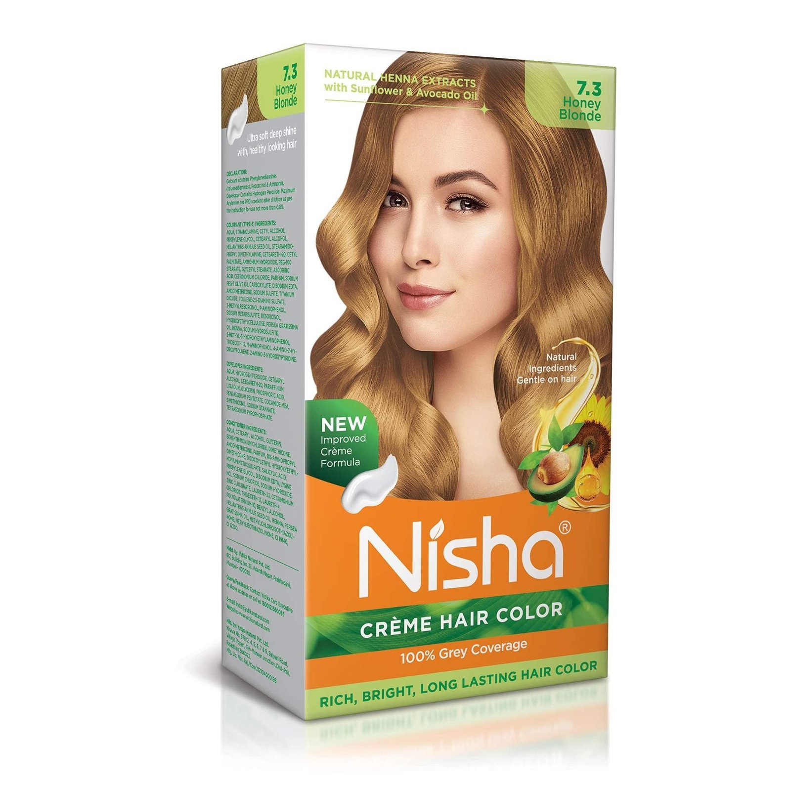 uk81S7w6Ol7L.jpg Nisha Cream Hair Color Honey Blonde, Permanent Hair Colour for Women Men, No Ammonia, Ultra Soft Deep Shine, 100% Grey Coverage, 7.3 Honey Blonde Hair Colour (60gm+60ml+18ml) - Fast UK Delivery - Image 1