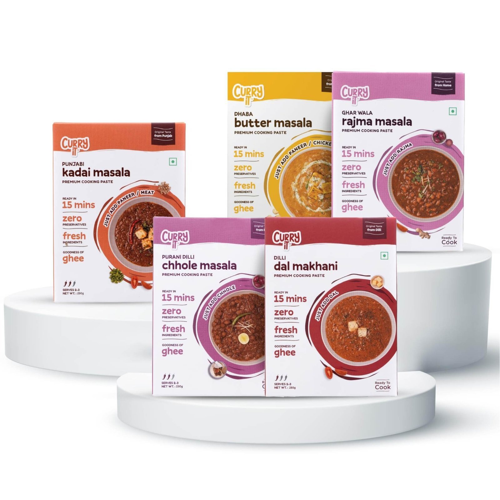 uk81SWRTqkO-L-1-1.jpg CURRYiT Vegetarian Combo | Chole Masala, Dal Makhni, Butter Paneer, Punjabi Kadhai Masala & Rajma | Ready in 15 Mins | Made with Ghee | Ready To Cook Indian Masala Gravy (Pack of 5-250g Each) - Fast UK Delivery - Image 1