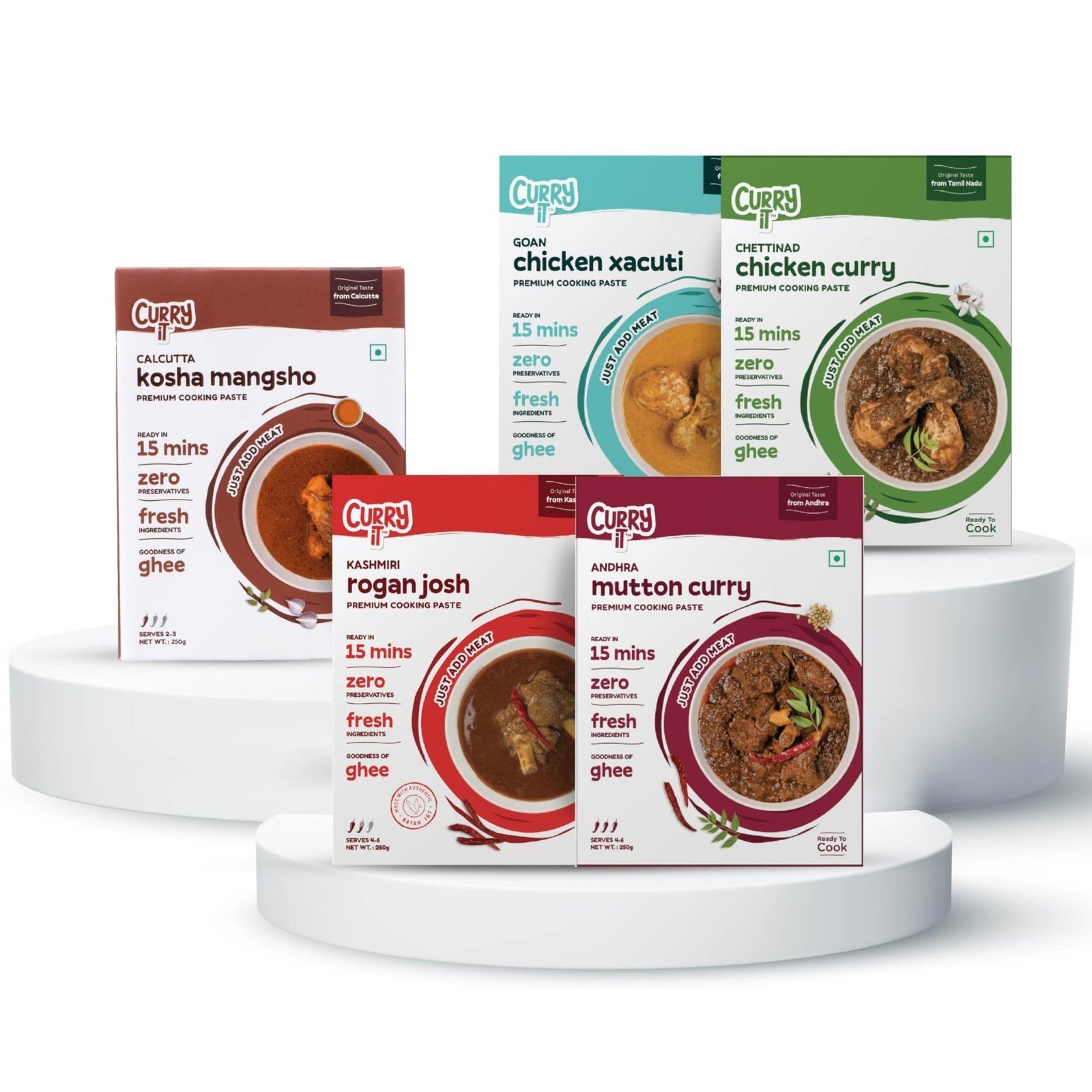 uk81VEg-Kzb4L-1-1.jpg CURRYiT Ready to Cook Meaty Feast Curry Paste combo Kashmiri Rogan Josh,chettinad Masala, Kosha Mangsho,Goan Xacuti,Andhra Masala| Indian Masala Gravy | Made with Ghee | Ready in 30 Minutes | No Preservatives | 100% Mom Approved | Gluten-Free - Fast UK Delivery - Image 1