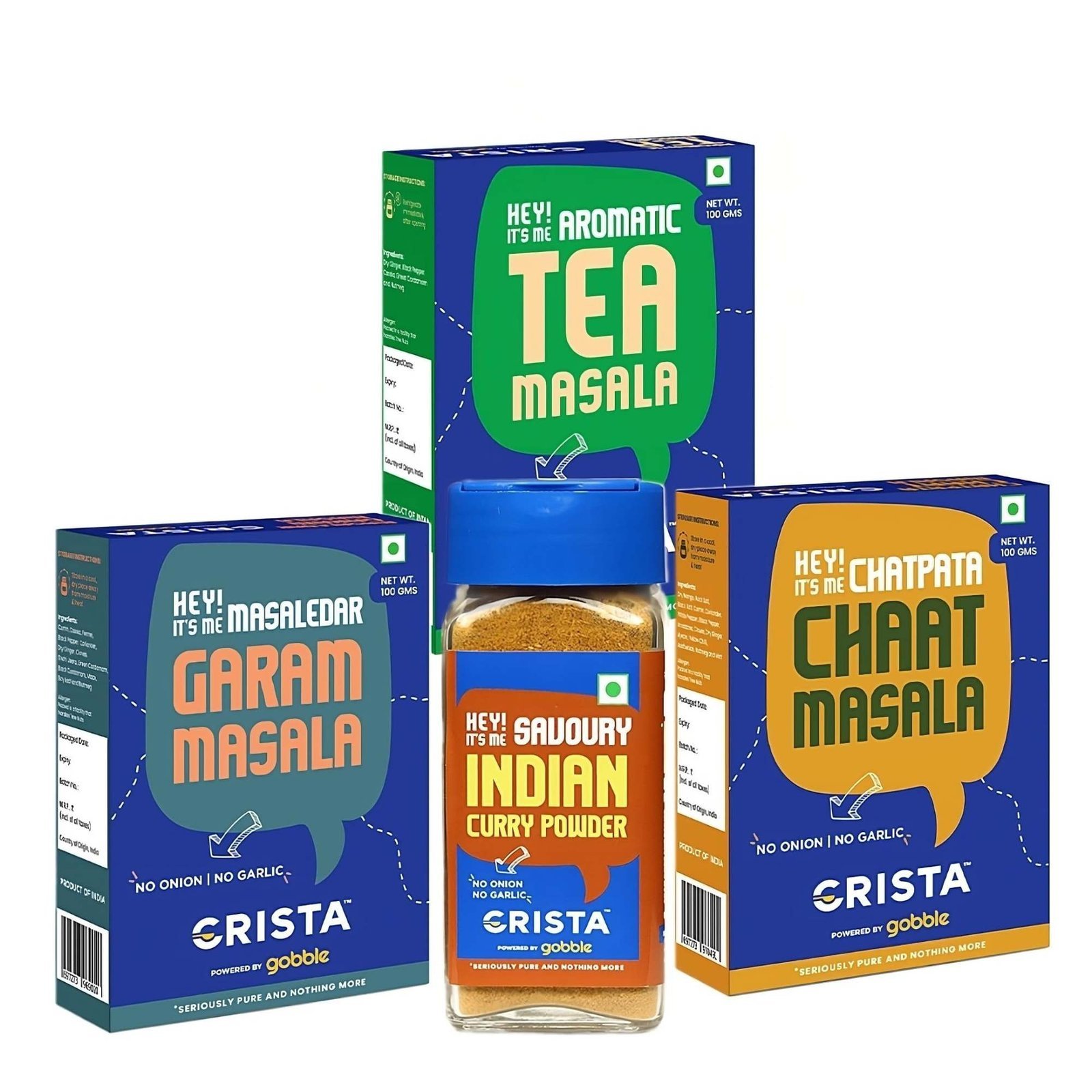 uk81eEsgv9nJL-1-1.jpg CRISTA Desi Multipurpose Seasonings Combo Pack - 1 | Chaat Masala x 1, 100 gms | Garam Masala x 1, 100 gms | Indian Curry Powder x 1, 45 gms | Tea Masala x 1, 100 gms | Pack of 4 | No added Colours - Image 1