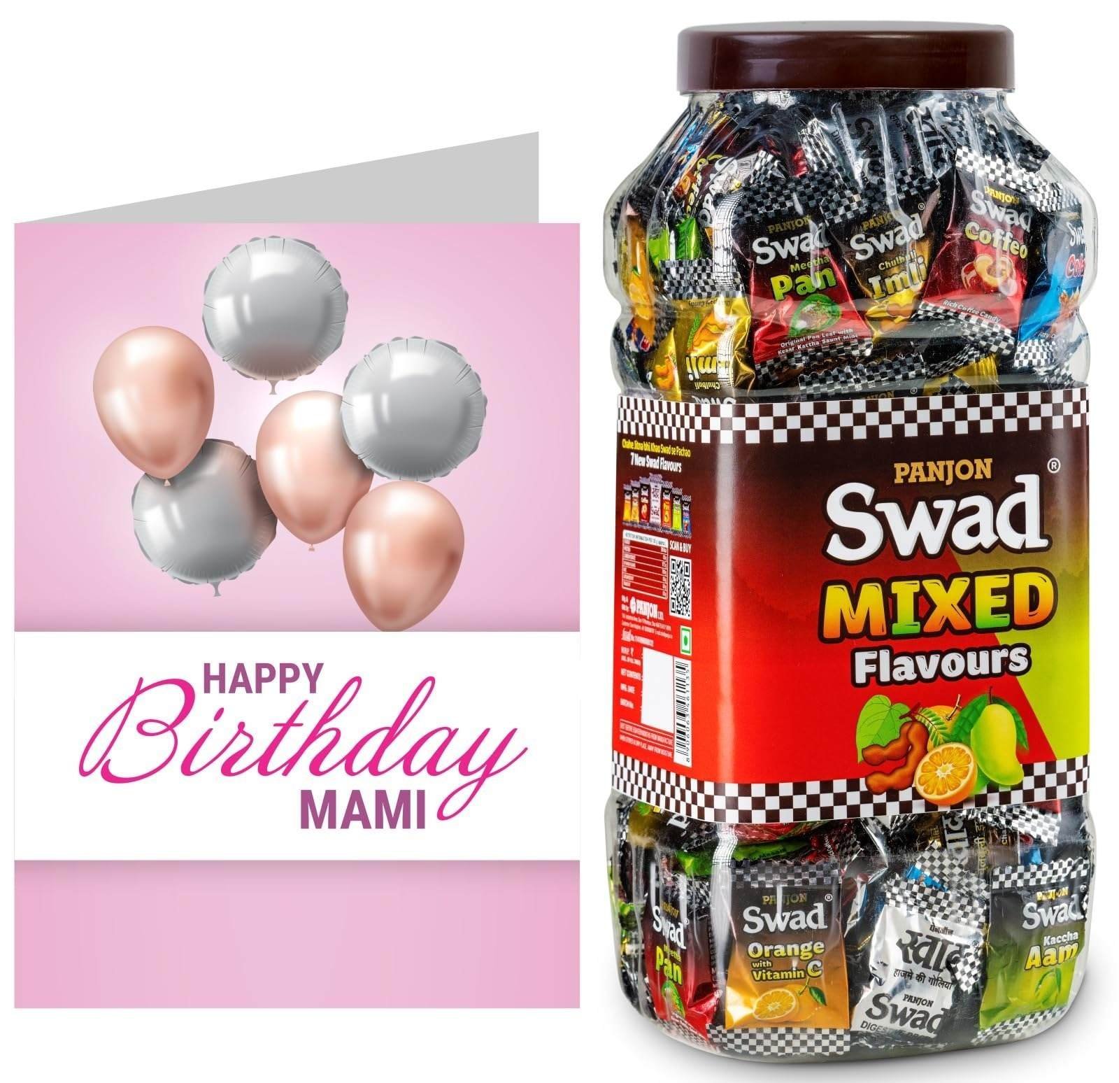 uk81hbhlTZcBL-1-1.jpg Swad Happy Birthday Mami Gift with Card (Swad Mixed Flavours Candy 200 Jar & 1 Greeting card) 2 units - Fast UK Delivery - Image 1