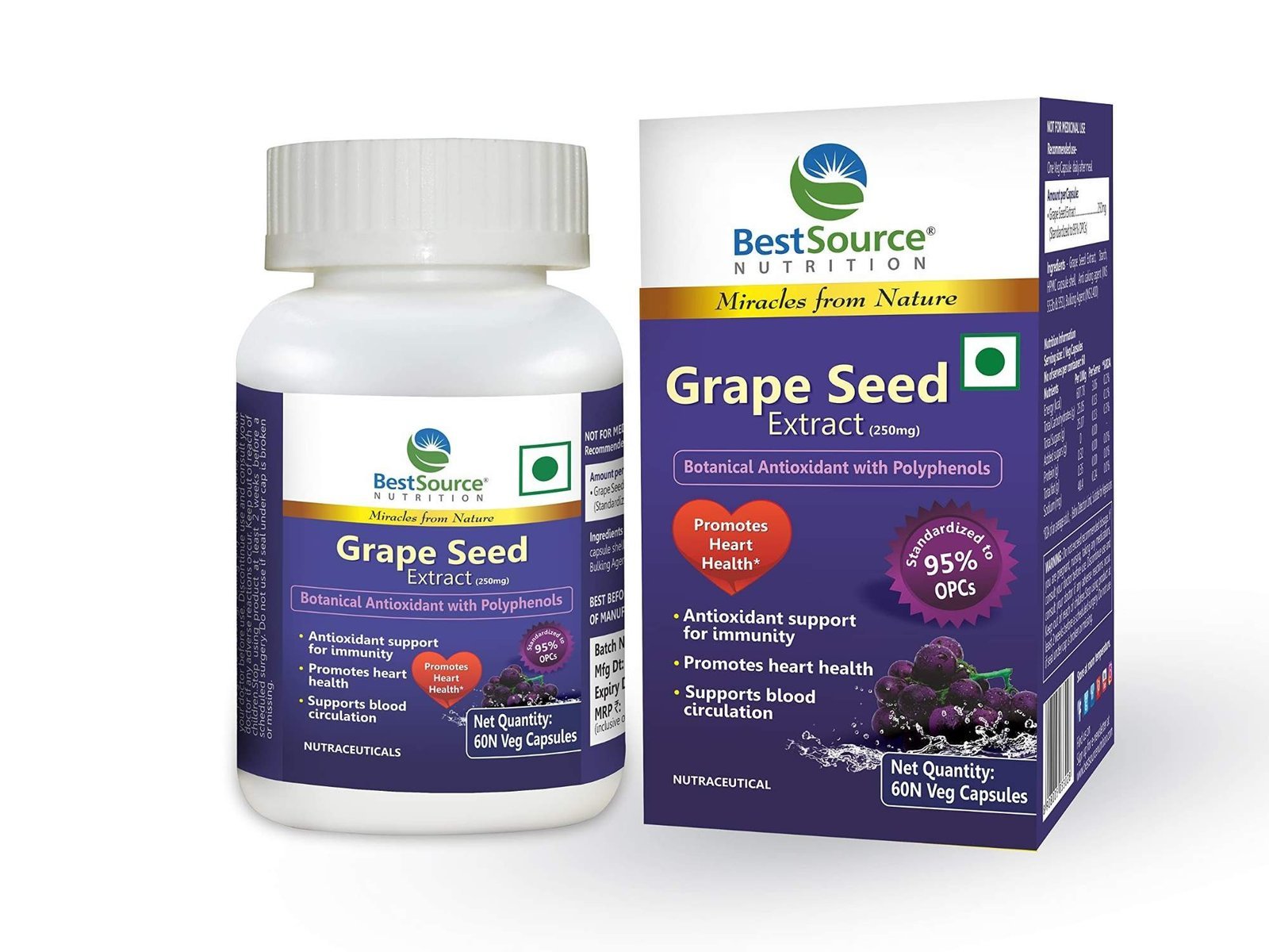 uk81jt8aOZeML-1.jpg BestSource Nutrition's Grape Seed Extract, Botanical Antioxidant with 95% OPCs, for immunity and heart health, 60 Veg Capsules of 250mg each - Fast UK Delivery - Image 1