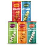 Farmley Flavoured Roasted Makhana I 385 gram, (Pack of 5, 77 gram each) I Healthy Party, Namkeen Snacks, Puffed Makhana Snacks Minty Pudina, Peri Peri, Tangy Tomato, Cream & Onion, Himalayan Salted - Fast UK Delivery