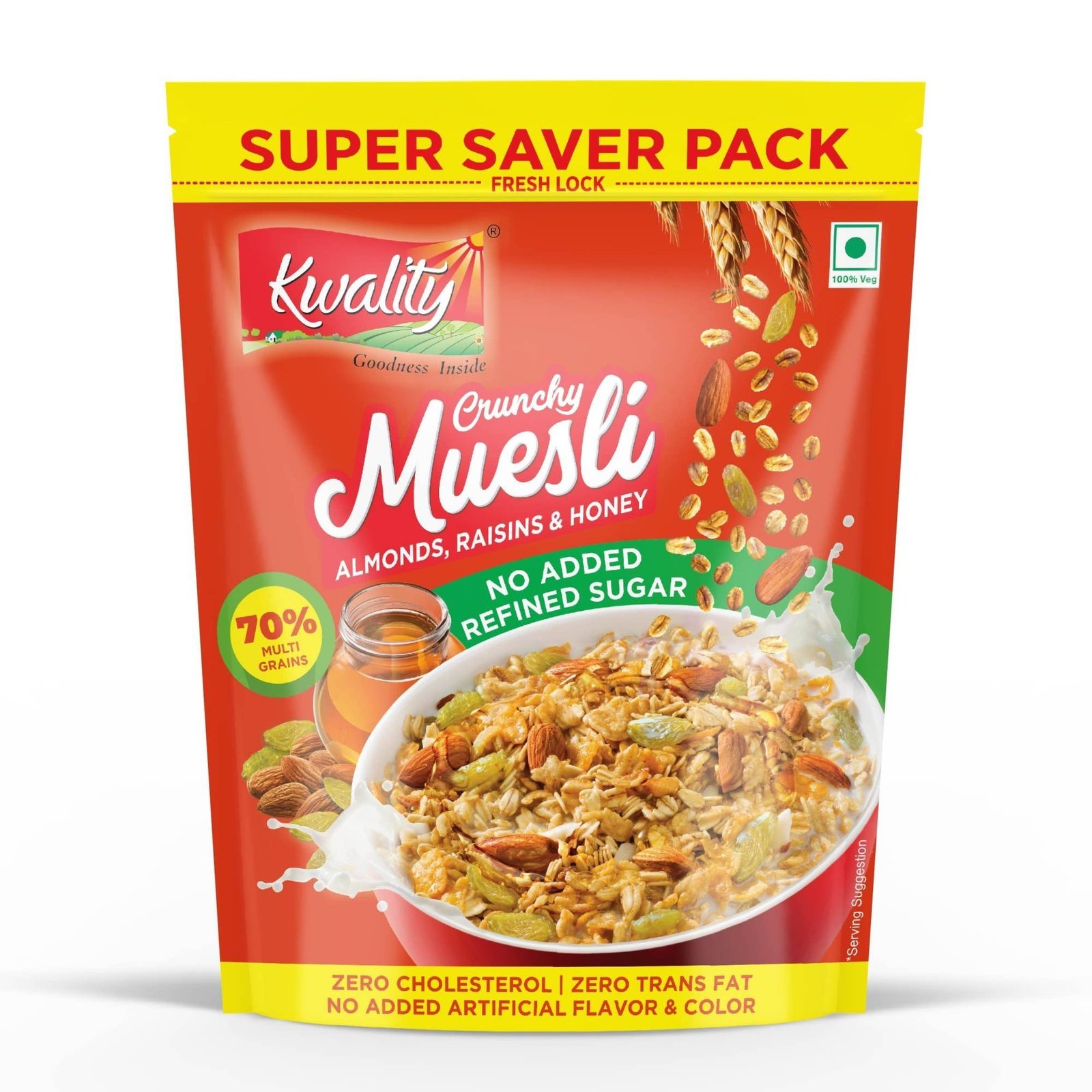 uk81lJhQh5amL-1-1.jpg Kwality RCB Crunchy Muesli Almonds, Raisins & Honey 700g | No Added Refined Sugar | 76% Multi Grains | Natural Source of Vitamin & Iron | High in Protein & Fiber | Healthy Food & Breakfast Cereal | Endorsed by Royal Challengers Bangalore (RCB) - Fast UK Delivery - Image 1
