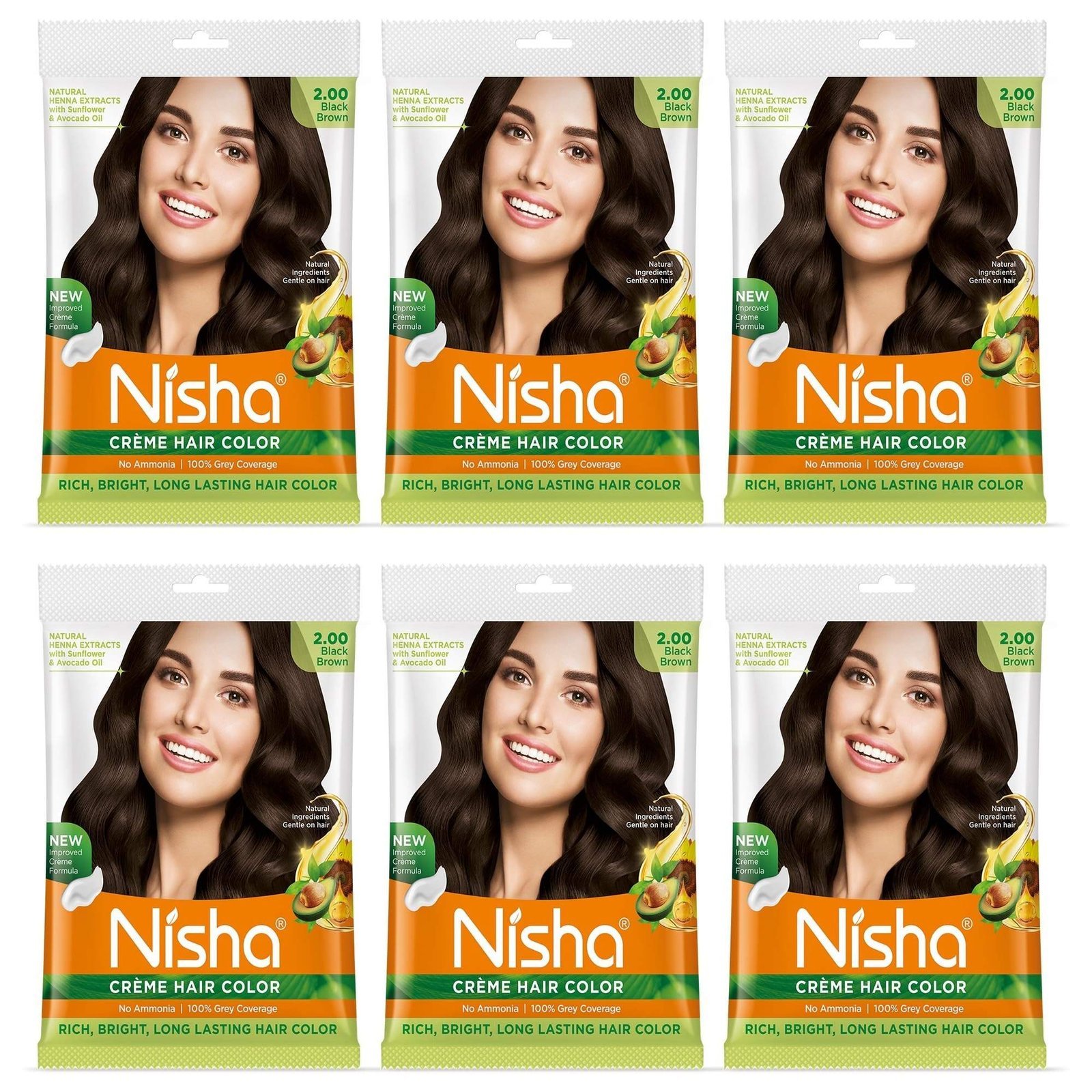 uk81pa73XLAL.jpg Nisha Cream Hair Color, Permanent Hair Colour Black Brown, Silky & Shiny 100% Grey Coverage Rich Bright Long Lasting Hair Colouring For Ultra Soft Deep Shine Hair Dye (Pack of 6) - Fast UK Delivery - Image 1