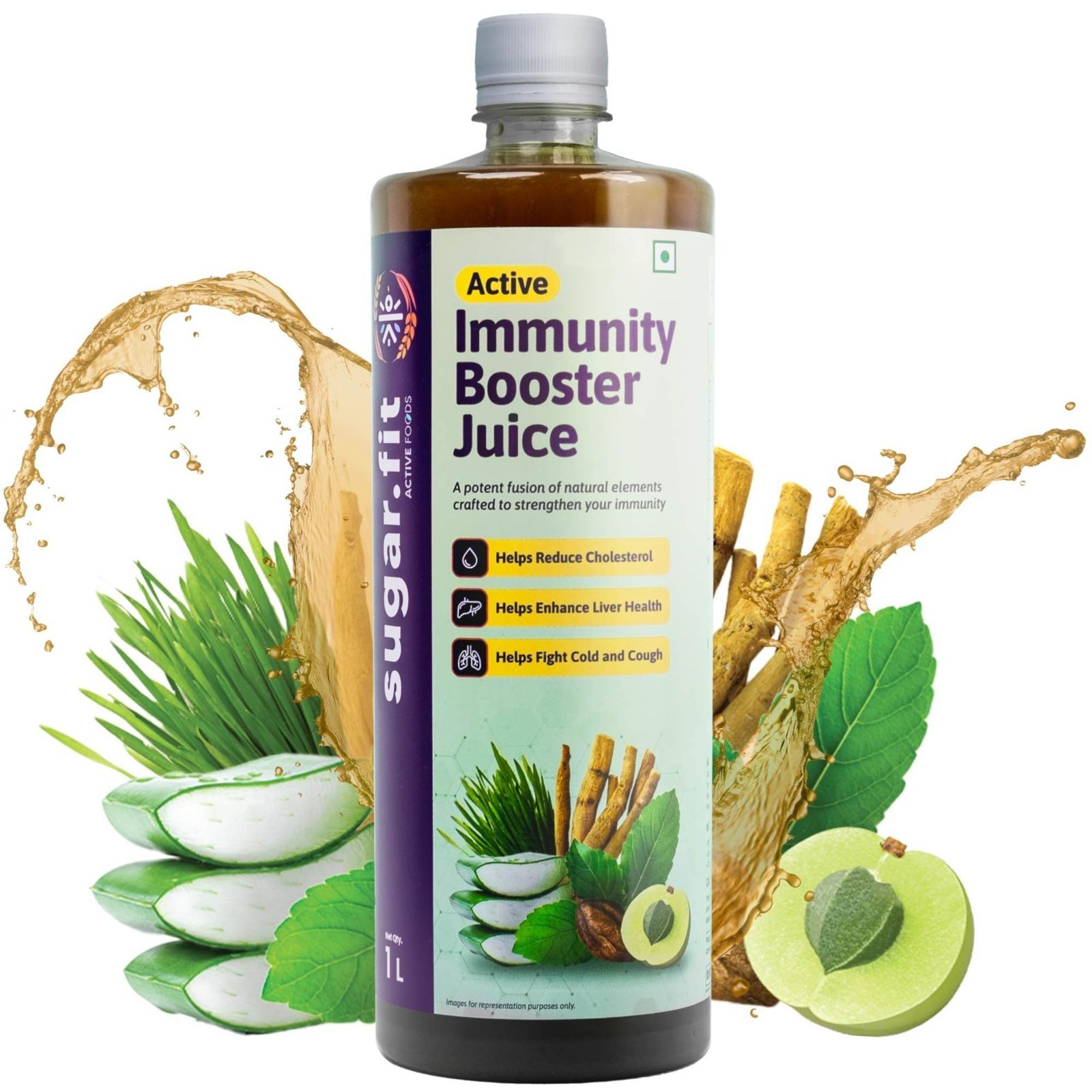 uk81pmA7D0rkL-1-1.jpg Sugar.Fit Active Immunity Booster for Adults - Tulsi Giloy Amla Juice, Zero Added Sugar with 12 potent Herbs, with Neem, Ashwagandha, Aloe vera, 1L - Fast UK Delivery - Image 1