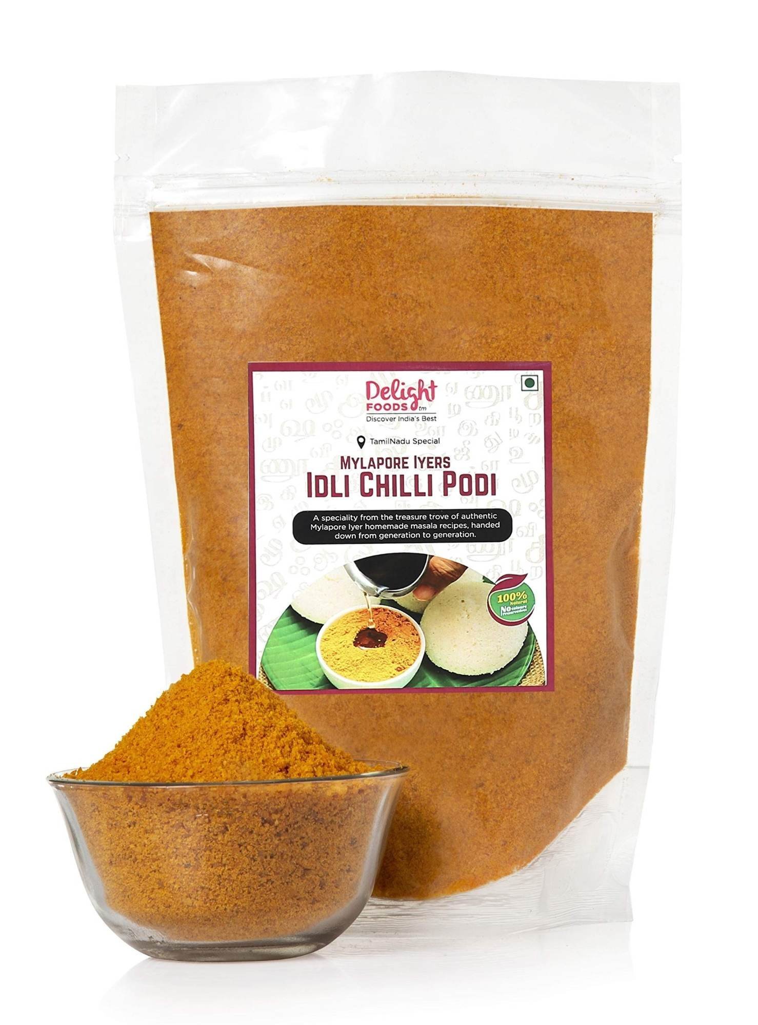 uk81qQql349nL-1-1.jpg Delight Foods Mylapore Iyer's Idli Chilly Podi 350g - Ready Masalas | Mixed Spices | Tamil Nadu Special | No Preservatives | Masala - Fast UK Delivery - Image 1