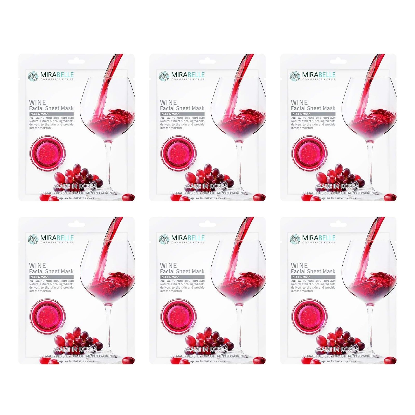 uk81rwKazqy5L-1.jpg Mirabelle Wine Face Sheet Mask For Glowing Skin | Anti-aging | Korean Face Mask For Women & Men | Combo Pack Of 6 (each 25ml) - Fast UK Delivery - Image 1