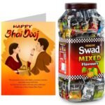 Swad Happy Bhai Dooj Bhaidooj Gift with Card (Swad Mixed Flavours Candy 200 Jar & 1 Greeting card) - Fast UK Delivery