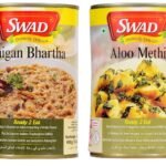 SWAD Ready To Eat North Indian Combo Pack Of Baigan Bharta/Aloo Methi Instant Mix Vegetarian with No Added Preservative And Colours - 450gm Each (Pack of 2) - Fast UK Delivery