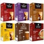 Colombian Brew Coffee Premix Cappuccino, Hazelnut, Vanilla Caramel, Double Choco Mocha, Cambridge Tea Party Masala Chai Premix, Christopher Cocoa Hot Cocoa Mix 10 3 in 1 Instant Premix Sachets Box x 6 - Fast UK Delivery