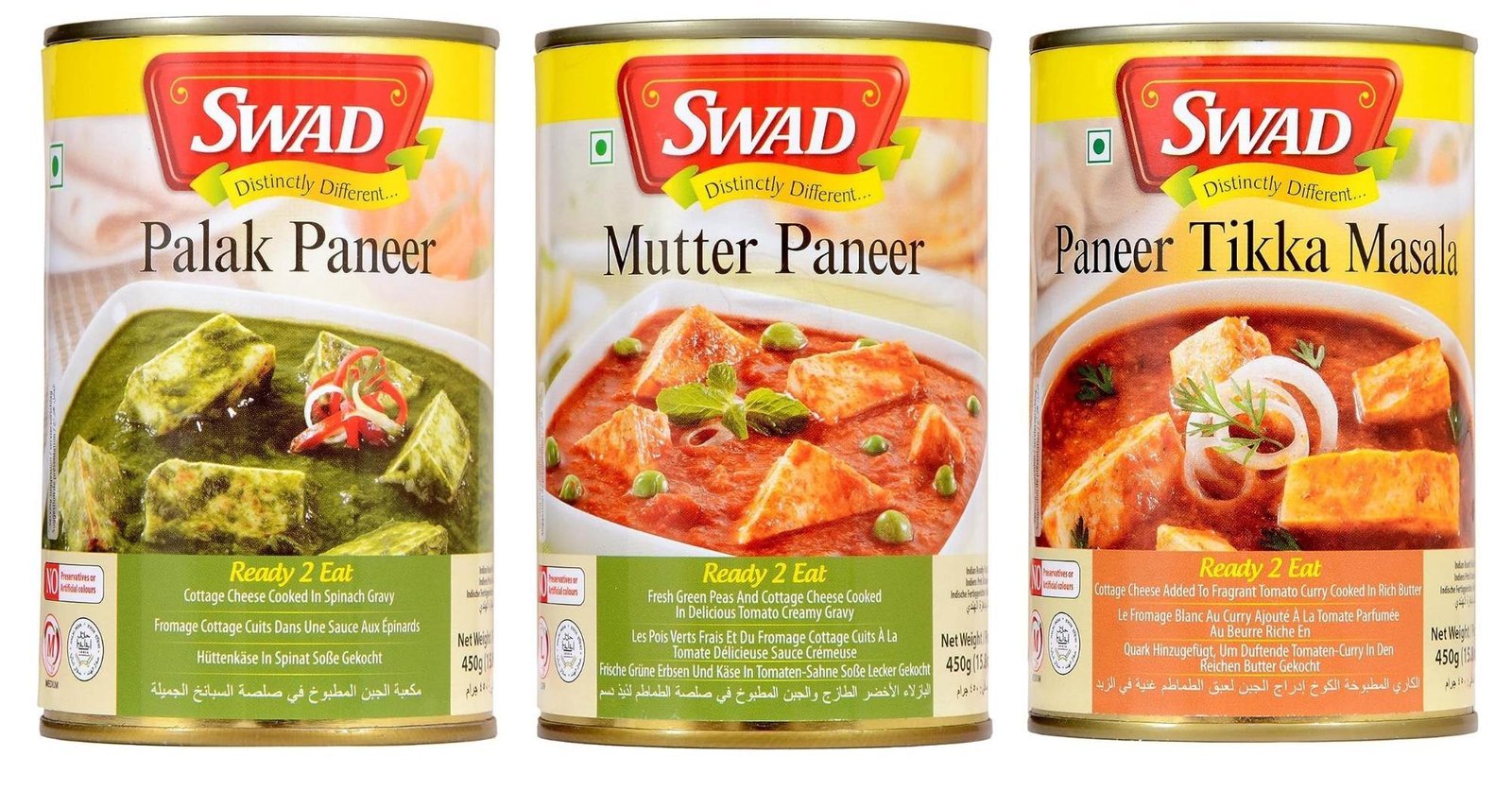 uk91h5wrl0HFL-1-1.jpg SWAD Ready To Eat Combo Pack Of Paneer Tikka Masala/Palak Paneer/Mutter Paneer Instant Mix Vegetarian with No Added Preservative And Colours - 450gm Each (Pack of 3) - Fast UK Delivery - Image 1