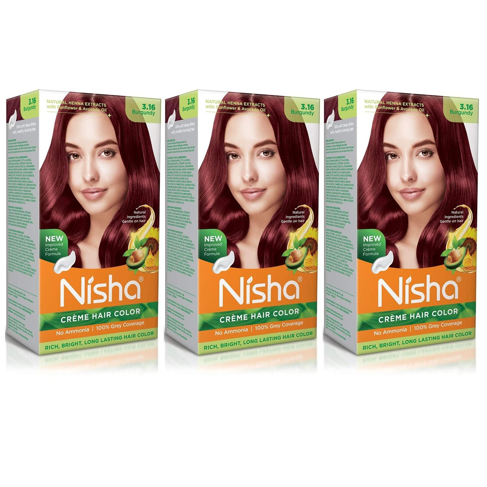 uk91qwAGjt4GL-1.jpg Nisha Cream Hair Colour 3.16 BURGUNDY (60gm + 60ml + 18ml Nisha Conditioner with Natural Herbs 100% Grey Hair Coverage) Pack of 3 - Fast UK Delivery - Image 1