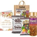 Swad Happy Anniversary Mom Dad Parents Gift with Card (25 Swad Candy, 25 Mixed Toffee, Royal Fresh Mix Mukhwas) in Jute Bag - Fast UK Delivery