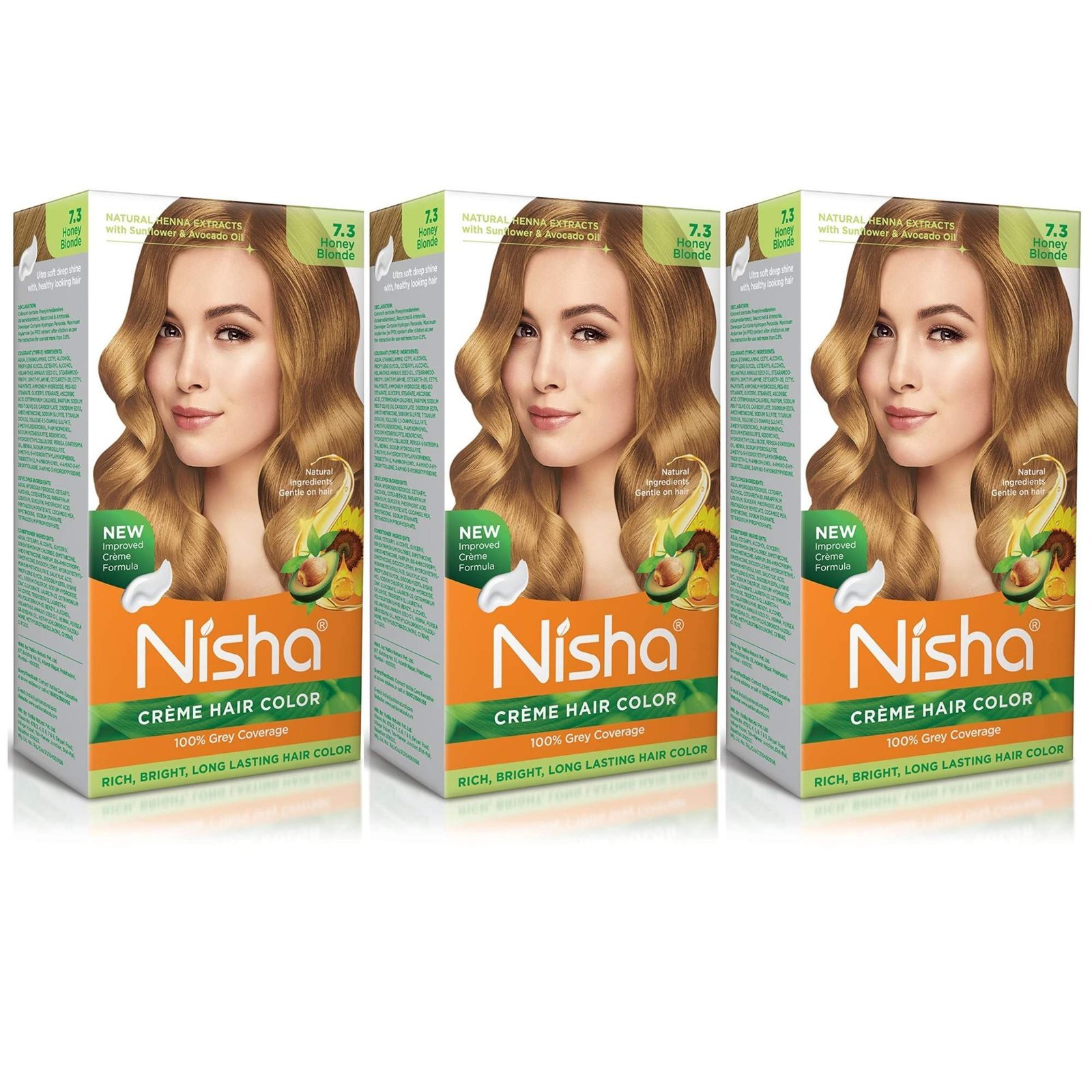 uk91vouKHpuiL-1.jpg Nisha Cream Hair Colour 7.3 HONEY BLONDE (60gm + 90ml + 18ml Nisha Conditioner with Natural Herbs 100% Grey Hair Coverage Suitable for Hair Highlights) Pack of 3 - Fast UK Delivery - Image 1